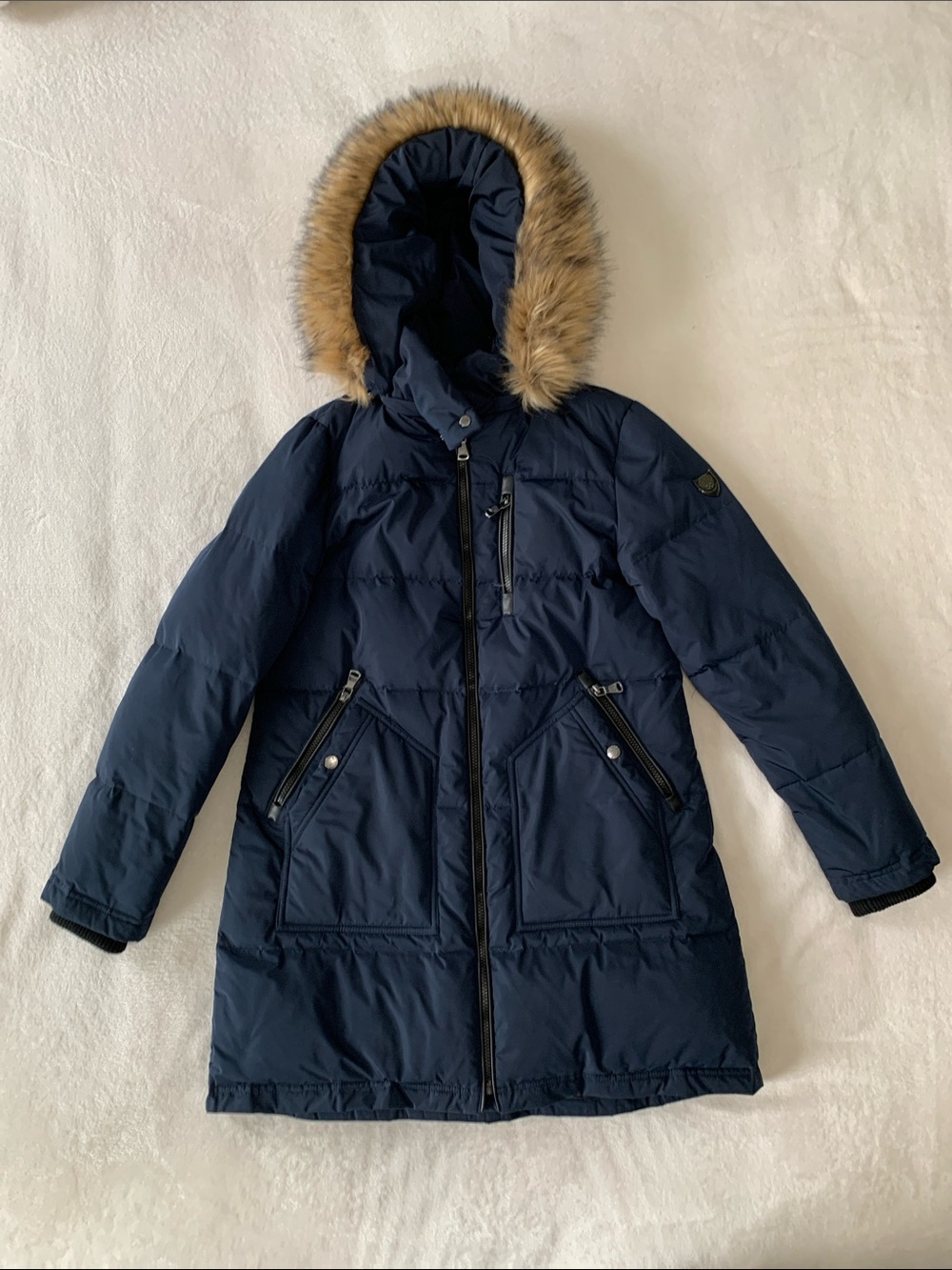 Vince Camuto Navy Faux-Fur Trim Hooded Puffer Coat